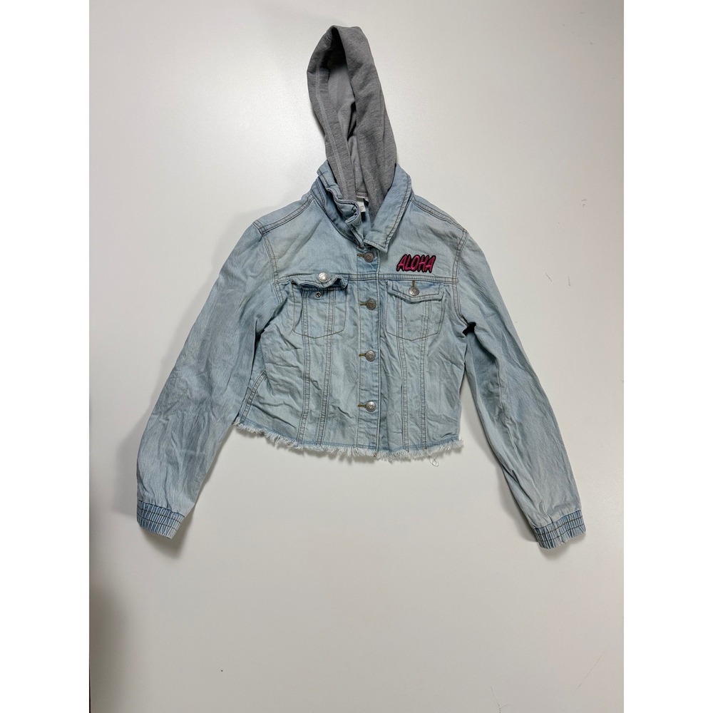 Cat & Jack Girls Aloha Hooded Denim Jacket Light Wash Hibiscus‎ Floral L 10/12